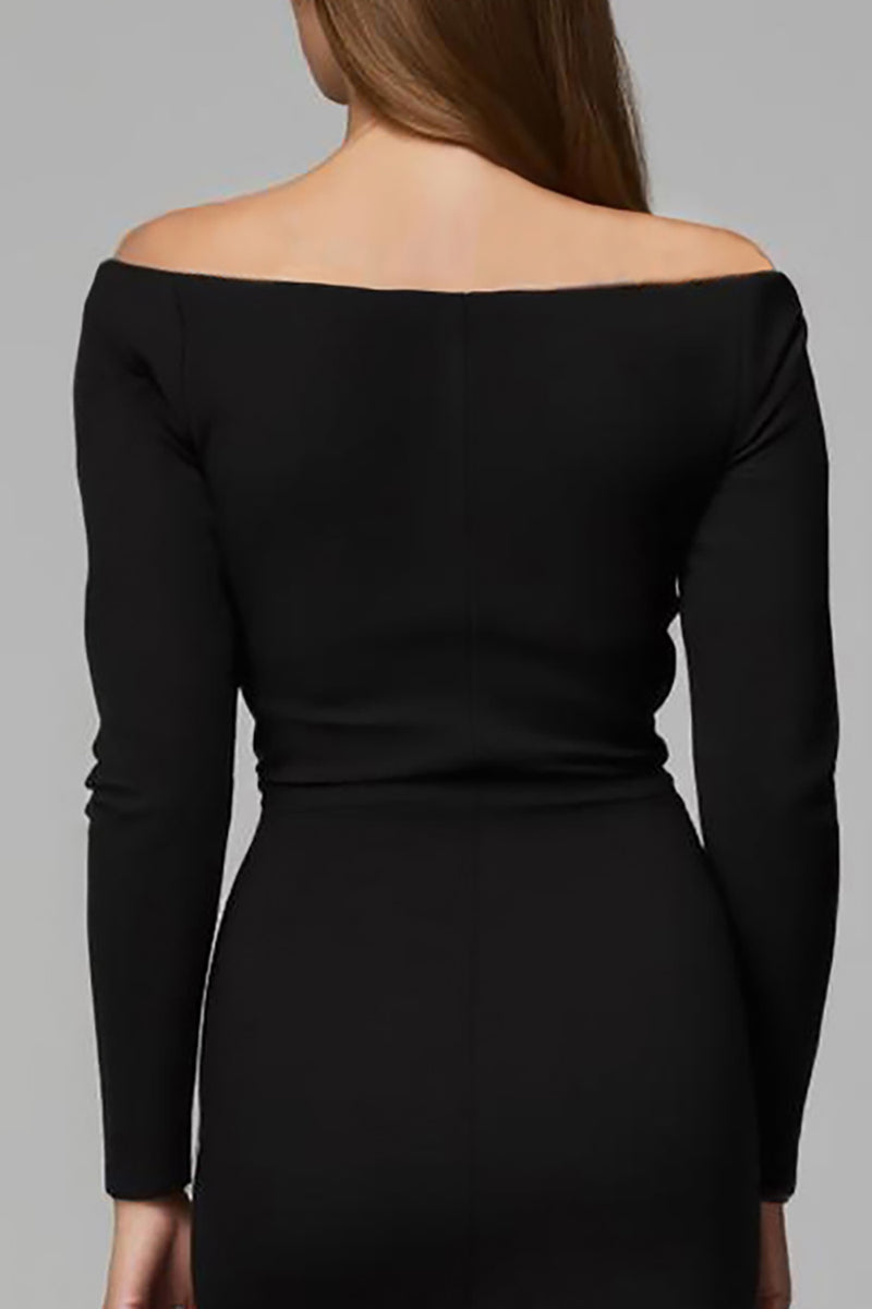 Load image into Gallery viewer, Black Satin Sheath Off The Shoulder Midi Work Dress with Sleeves