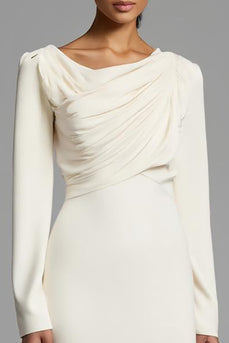 Ivory Sheath Ruched Long Sleeves Work Dress with Slit