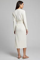 Load image into Gallery viewer, Ivory Sheath Satin Ruched Long Sleeves Midi Work Dress with Slit