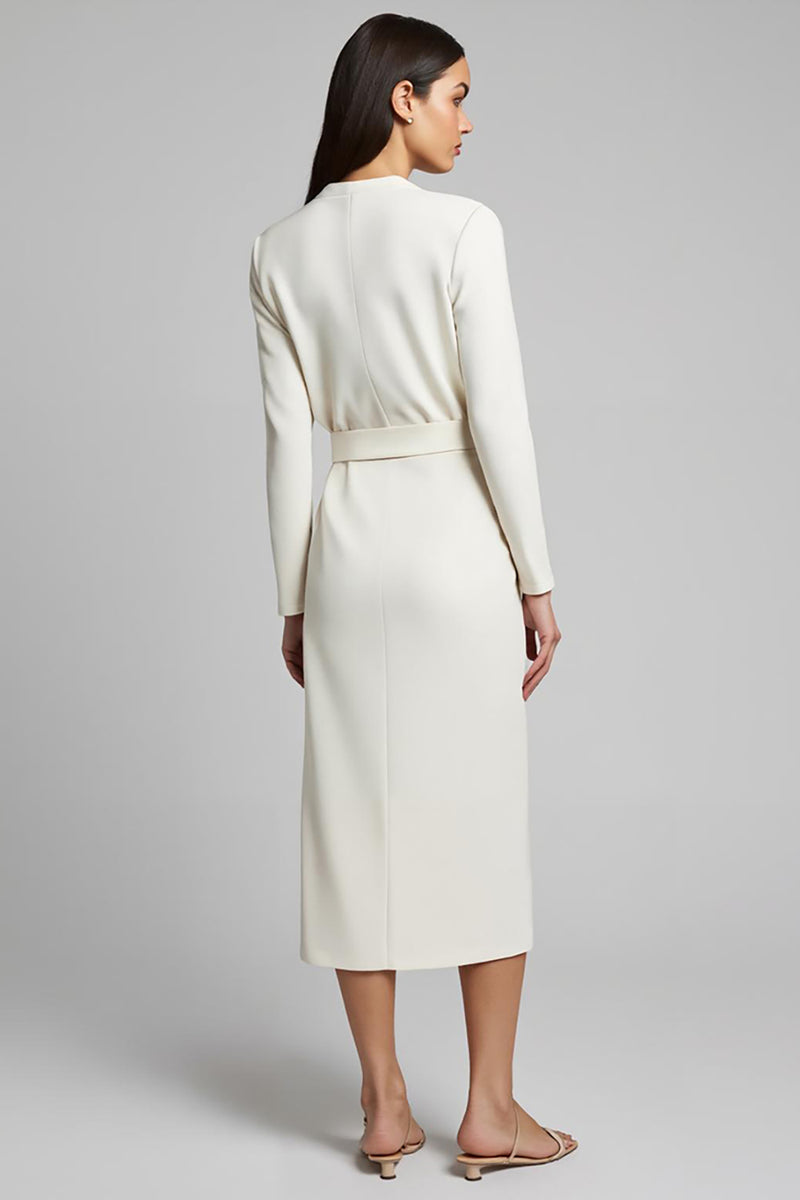 Load image into Gallery viewer, Ivory Sheath Satin Ruched Long Sleeves Midi Work Dress with Slit