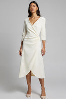 Load image into Gallery viewer, Ivory Satin V-Neck Ruched Midi Work Dress with Sleeves