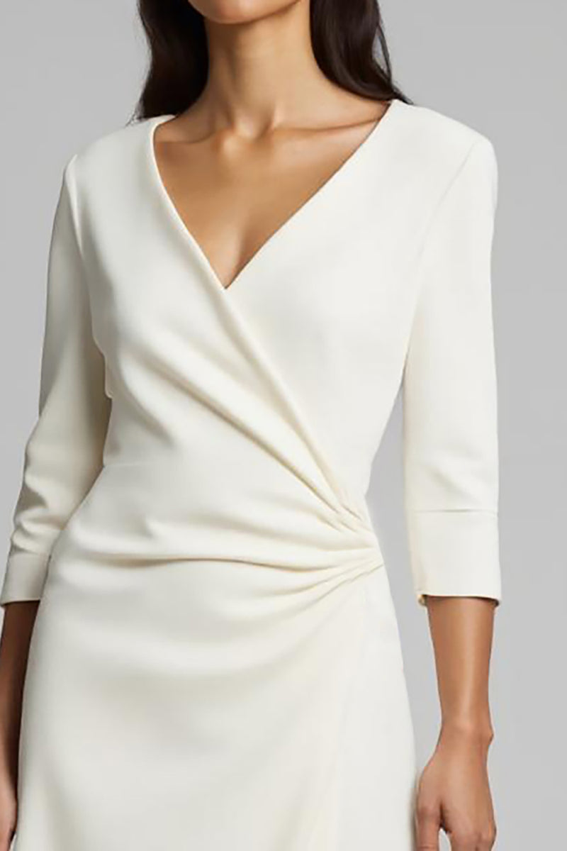Load image into Gallery viewer, Ivory Satin V-Neck Ruched Midi Work Dress with Sleeves