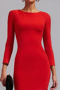 Red Satin Sheath Long Sleeves Midi Work Dress with Ruffles