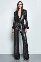 Load image into Gallery viewer, Sparkly 2 Piece Black Sequins Women Prom Suits with Sash