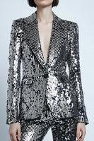 Load image into Gallery viewer, 2 Piece Sparkly Silver Gray Sequins Women Prom Suits with Pockets