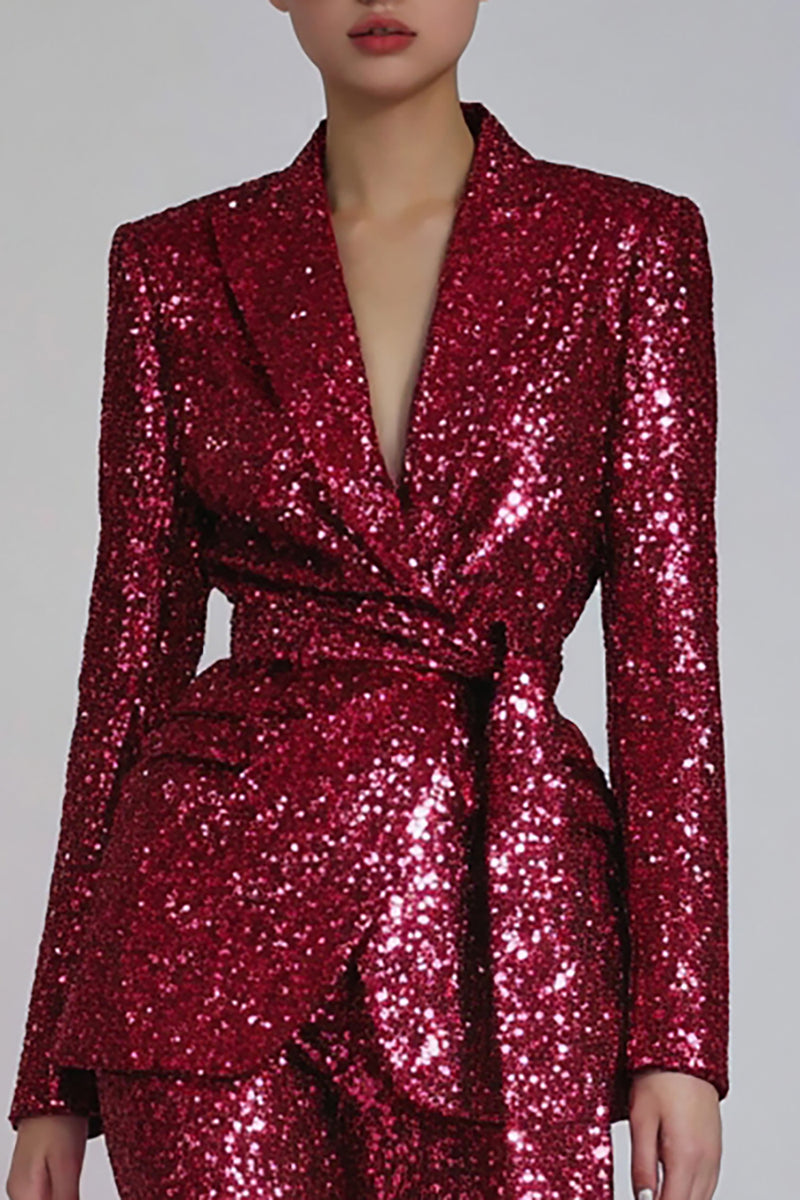 Load image into Gallery viewer, Sparkly Red 2 Piece Sequins Women Prom Suits with Sash