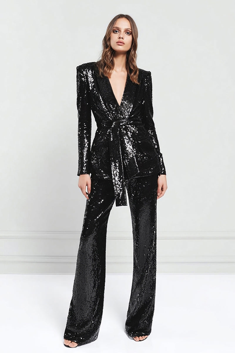 Load image into Gallery viewer, Sparkly Black Sequins 2 Piece Women Prom Suits with Sash