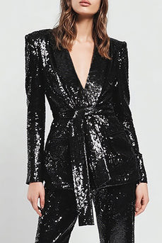 Sparkly Black Sequins 2 Piece Women Prom Suits with Sash