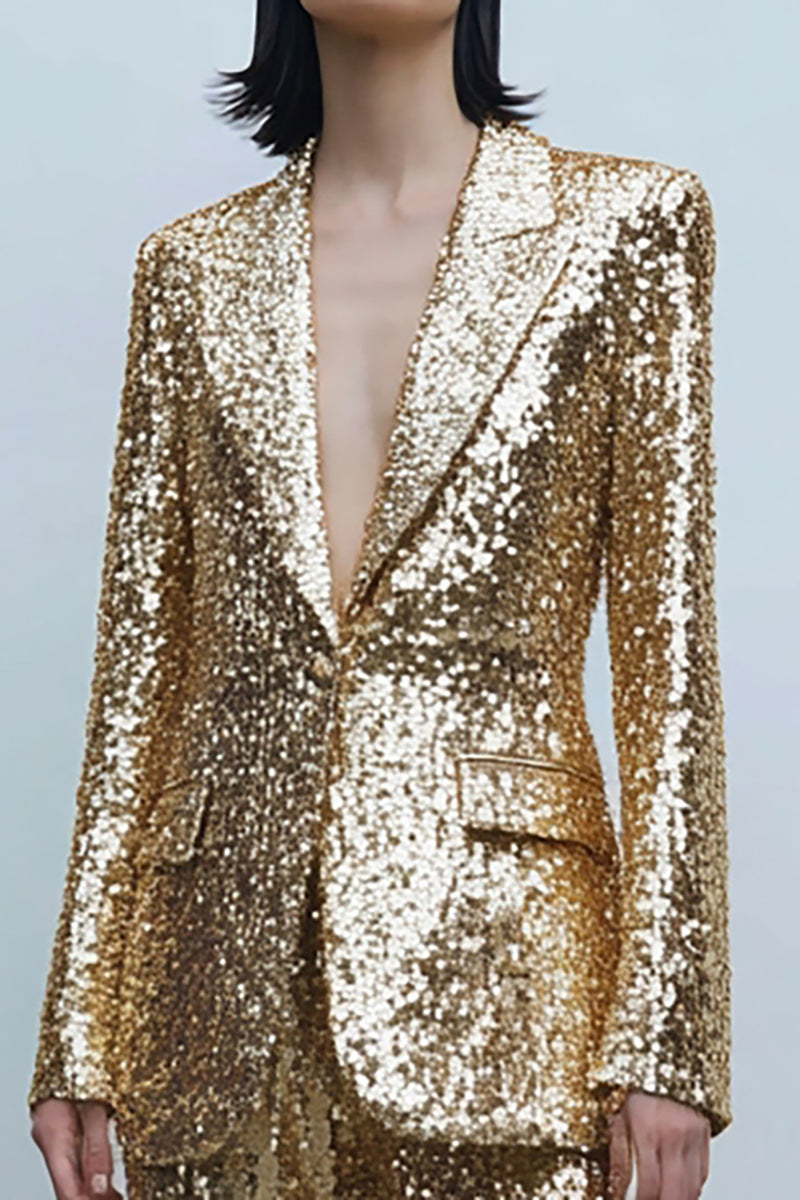 Load image into Gallery viewer, Sparkly Gold 2 Piece Sequins Women Prom Suits with Pockets