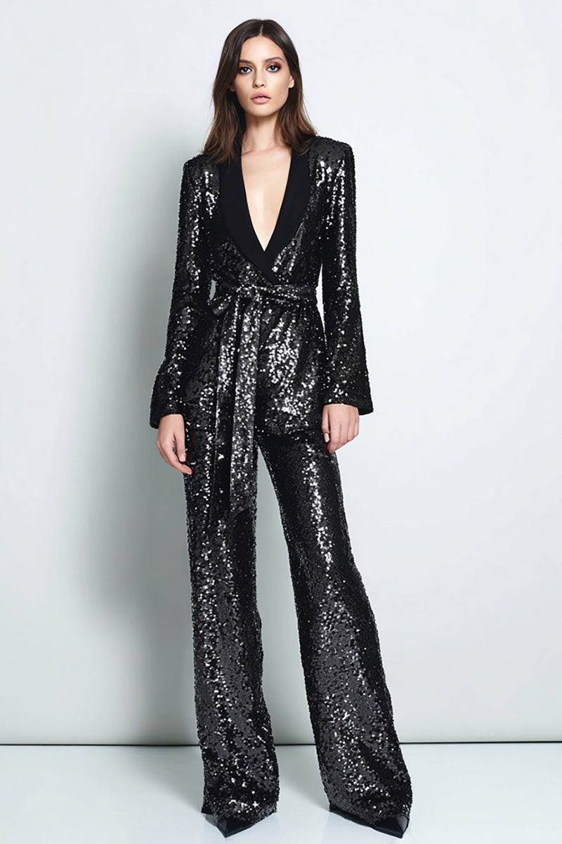 Load image into Gallery viewer, Sparkly Black Sequins Shawl Lapel 2 Piece Women Prom Suits