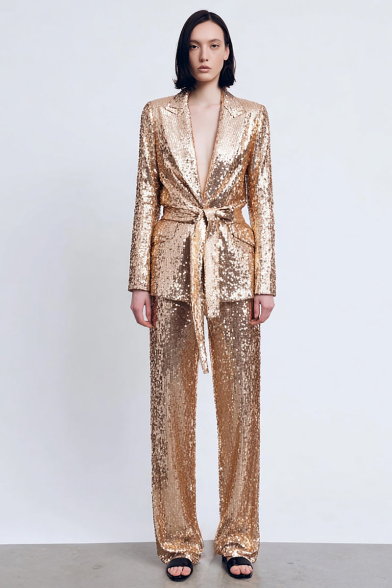 Load image into Gallery viewer, Sparkly Gold Sequins Peak Lapel 2 Piece Women Prom Suits