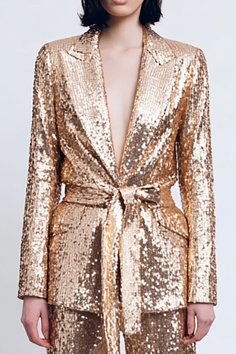 Load image into Gallery viewer, Sparkly Gold Sequins Peak Lapel 2 Piece Women Prom Suits