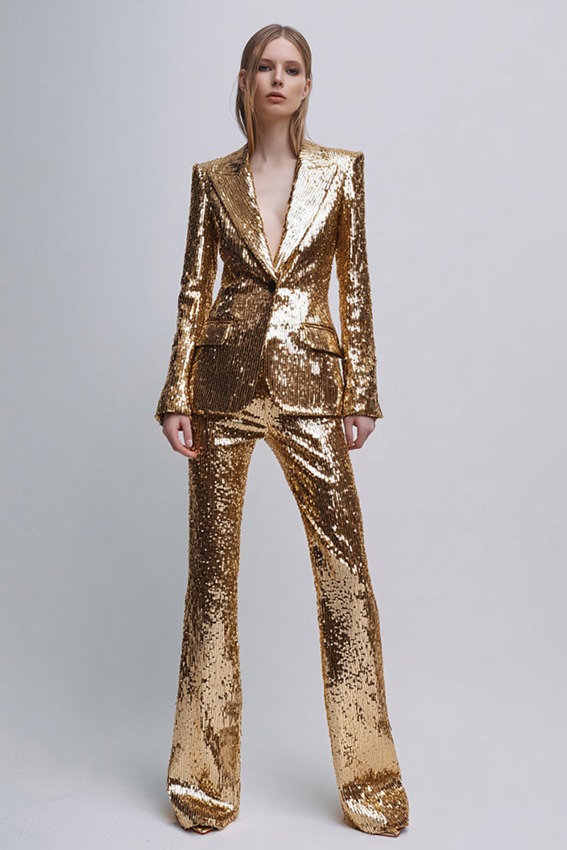 Load image into Gallery viewer, 2 Piece Sparkly Gold Sequins Peak Lapel Women Prom Suits