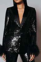 Load image into Gallery viewer, 2 Piece Sparkly Black Sequins Women Prom Suits with Feathers