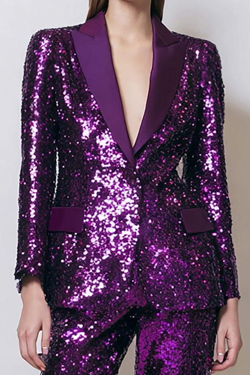 Load image into Gallery viewer, 2 Piece Sparkly Dark Purple Sequins Women Prom Suits with Pockets