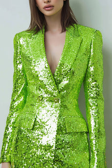 Sparkly Fluorescent Green Bodycon Peak Lapel Women Blazer
