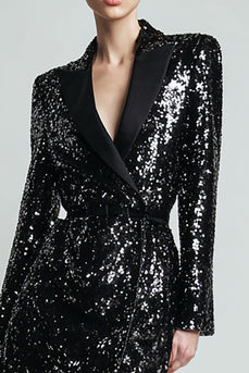 Sparkly Black Sequins Bodycon Peak Lapel Women Blazer