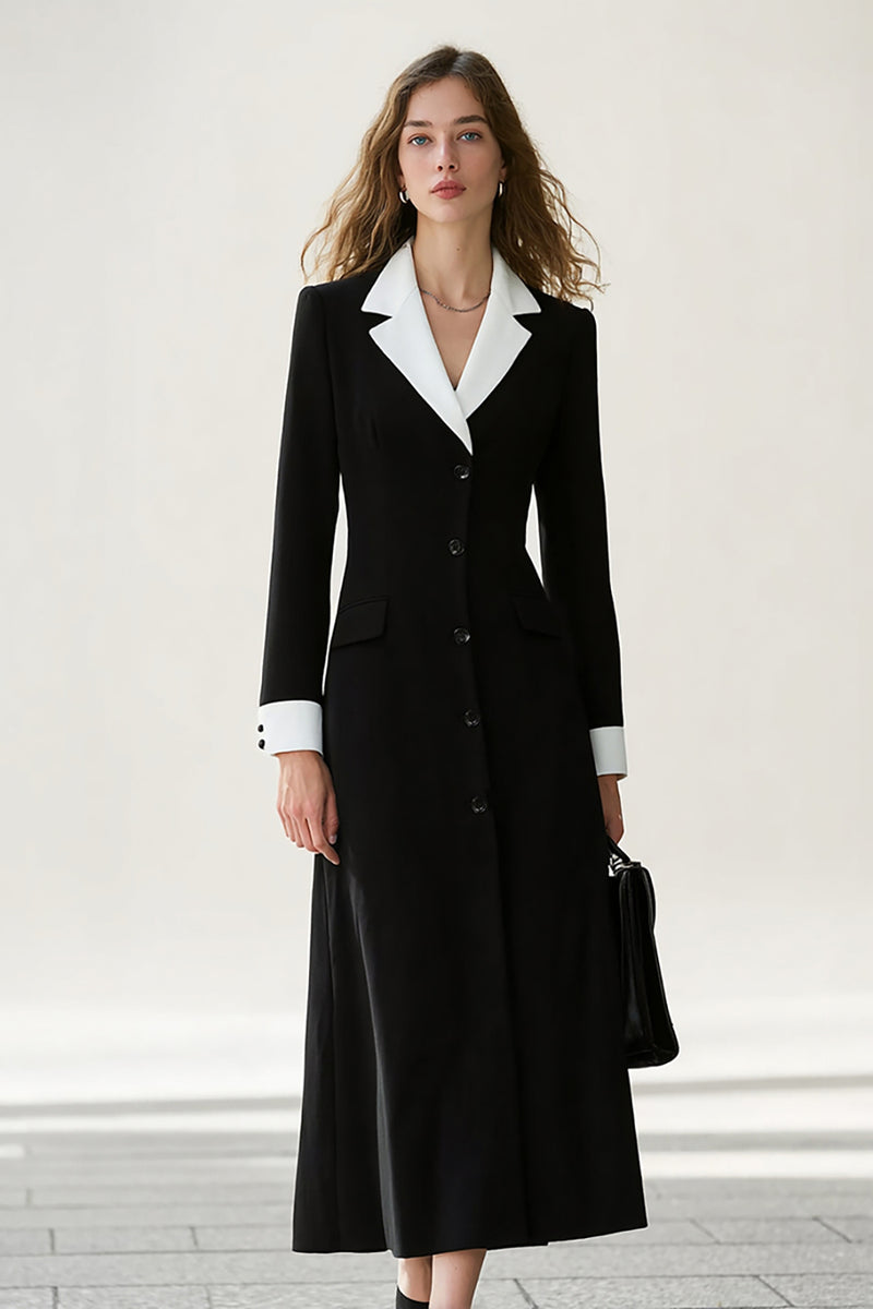 Load image into Gallery viewer, Black and White Notched Lapel A Line Long Blazer Dress