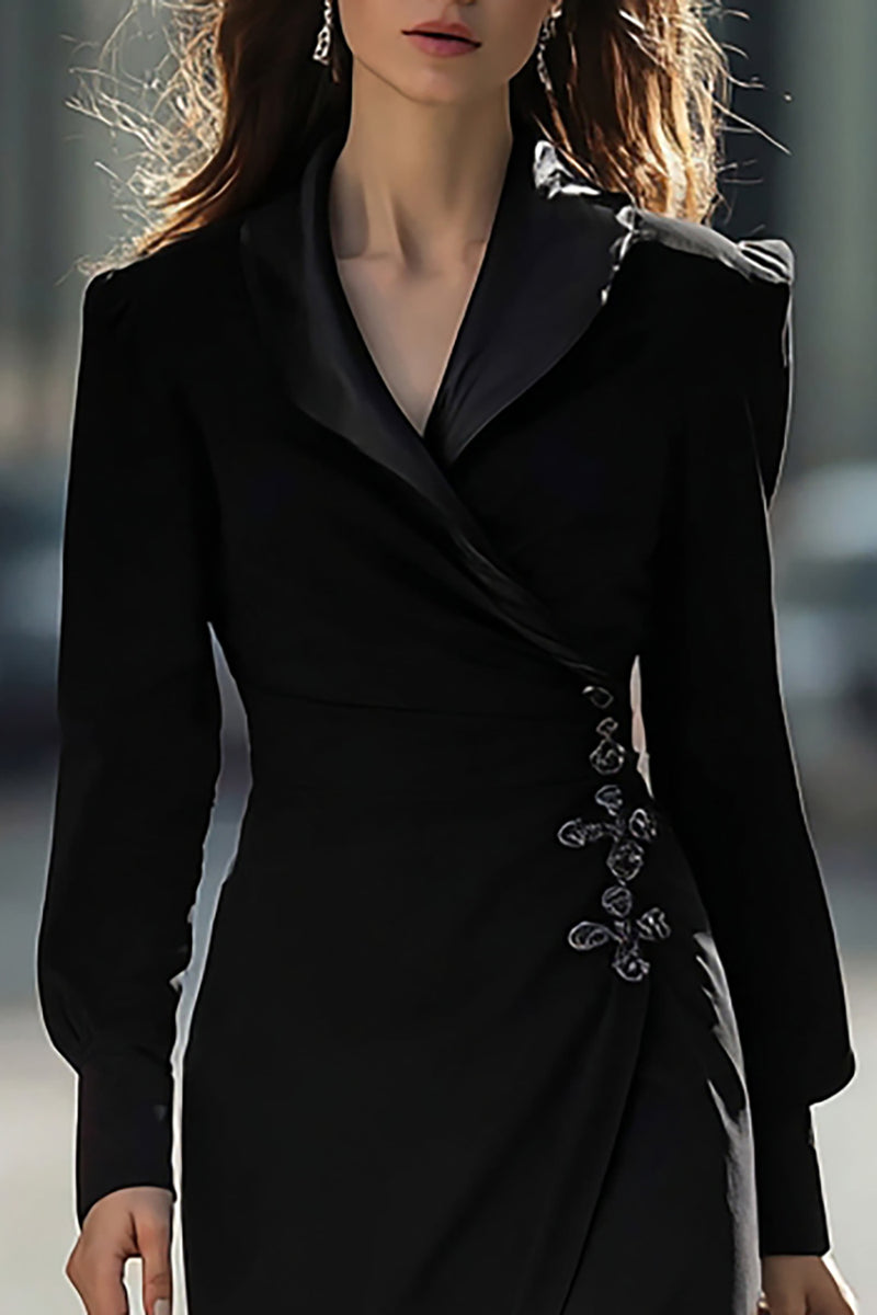 black bow collar long sleeve blazer sheath midi dress Queendancer Women Black Sheath Midi Blazer Dress with Sleeves Single  Breasted Work Dress – queendancer