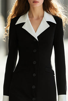 Black and White Single Breasted Long Sleeves Work Dress