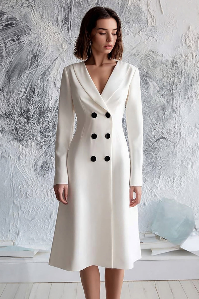 Load image into Gallery viewer, Ivory A Line Satin Double Breasted Midi Blazer Dress with Sleeves