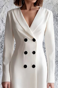 Ivory A Line Satin Double Breasted Midi Blazer Dress with Sleeves
