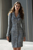 Load image into Gallery viewer, Dark Grey Tweed Pencil Single Breasted Short Work Dress