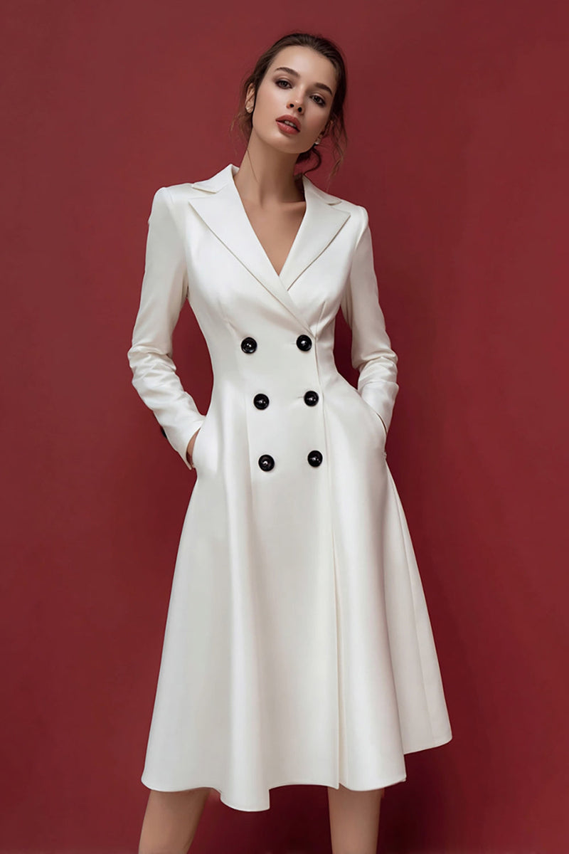 Load image into Gallery viewer, Ivory Satin A Line Double Breasted Midi Blazer Dress with Pockets