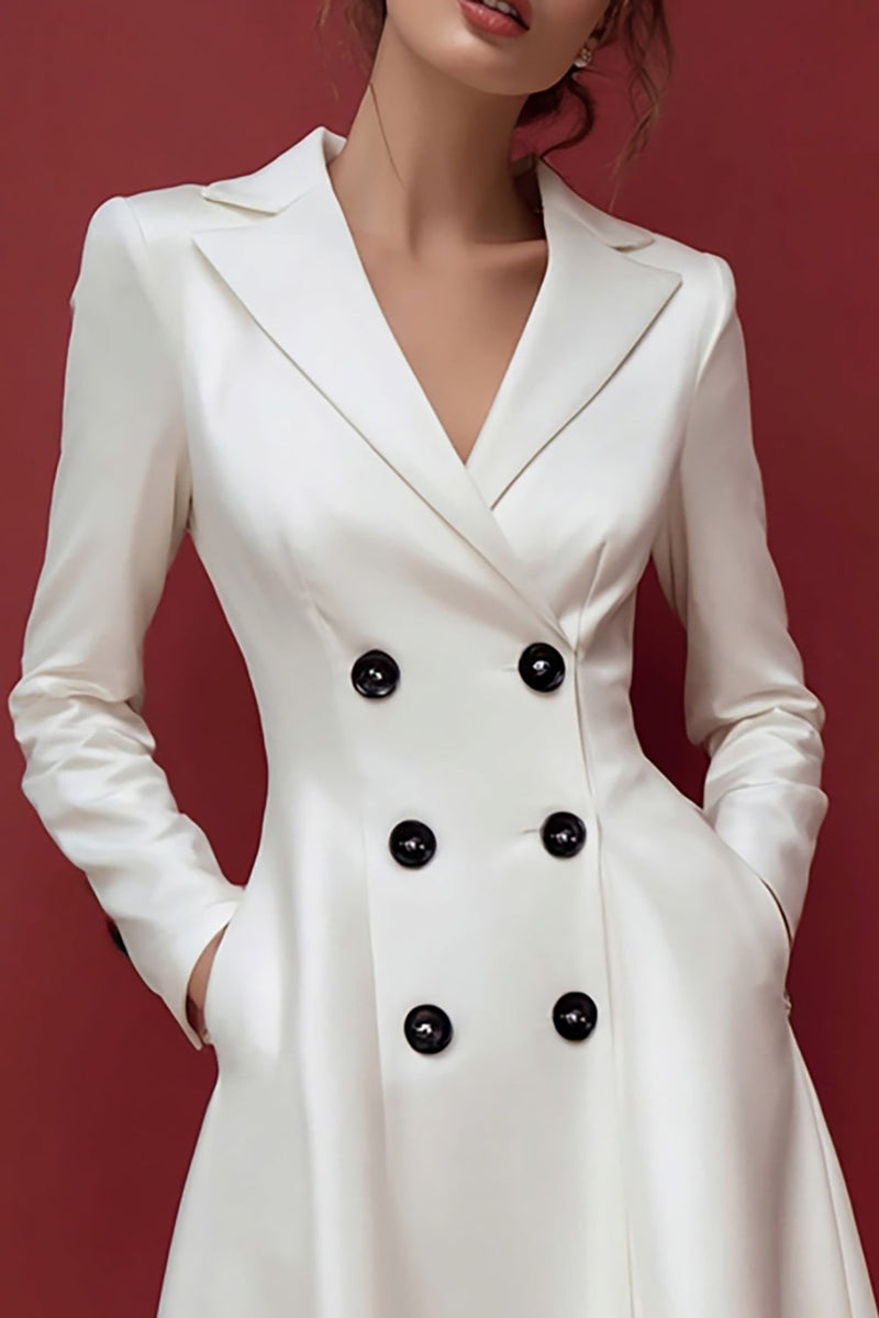 Load image into Gallery viewer, Ivory Satin A Line Double Breasted Midi Blazer Dress with Pockets