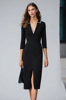 Load image into Gallery viewer, Black Pencil Collar Neck Midi Work Dress with Slit