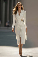 Load image into Gallery viewer, Ivory Satin Pencil Ruched Midi Blazer Dress with Belt