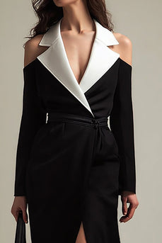 Black and White Satin Notched Lapel Long Sleeves Blazer Dress