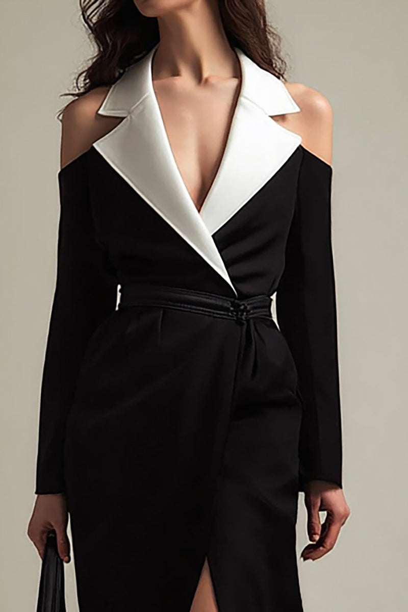 Load image into Gallery viewer, Black and White Satin Notched Lapel Long Sleeves Blazer Dress