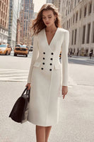 Load image into Gallery viewer, Ivory Satin V-Neck Double Breasted Midi Blazer Dress with Sleeves