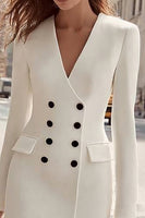Load image into Gallery viewer, Ivory Satin V-Neck Double Breasted Midi Blazer Dress with Sleeves