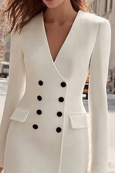 Ivory Satin V-Neck Double Breasted Midi Blazer Dress with Sleeves