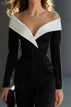 Black and White Pencil Off the Shoulder Midi Work Dress with Belt