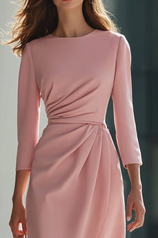 Pink Satin Pencil Round Neck Midi Work Dress with Sleeves