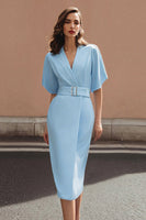 Load image into Gallery viewer, Sky Blue Satin Sheath Midi Work Dress with Sleeves