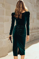 Load image into Gallery viewer, Dark Green Bodycon Velvet Boat Neck Midi Holiday Party Dress with Sleeves
