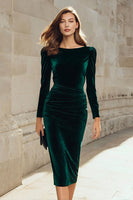 Load image into Gallery viewer, Queendancer Women Dark Green Velvet Midi Holiday Party Dress with Sleeves Ruched Boat Neck Pencil Work Dress
