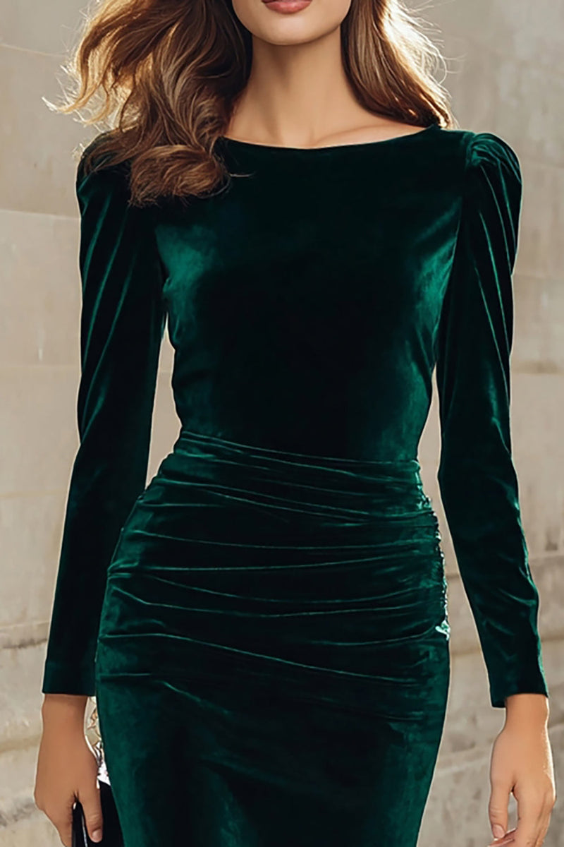Load image into Gallery viewer, Dark Green Bodycon Velvet Boat Neck Midi Holiday Party Dress with Sleeves