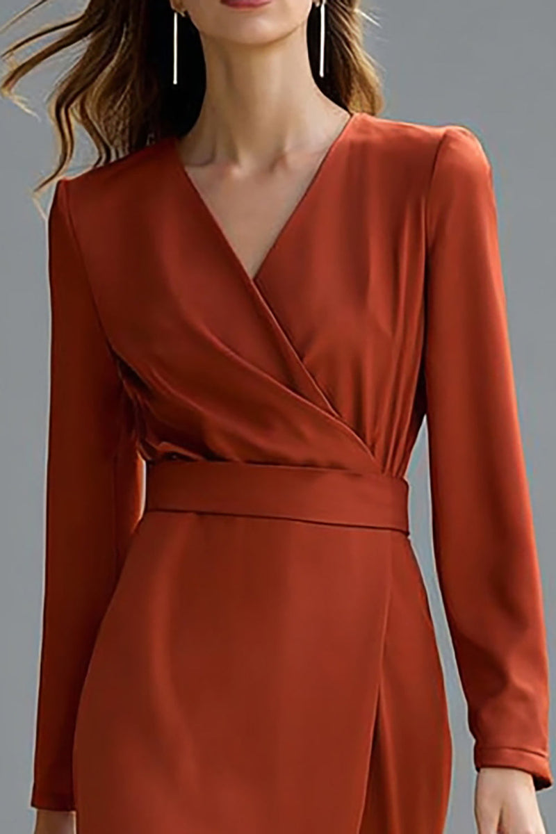 Load image into Gallery viewer, Terracotta Pencil Satin V-Neck Long Sleeves Midi Work Dress with Slit