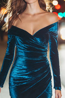 Load image into Gallery viewer, Peacock Blue Velvet Tight Ruched Short Holiday Party Dress with Sleeves