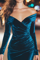 Load image into Gallery viewer, Peacock Blue Velvet Off the Shoulder Short Holiday Party Dress