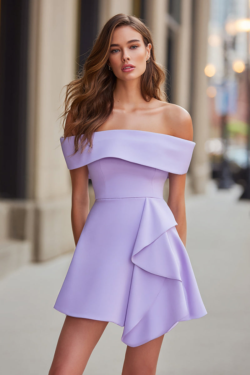 Load image into Gallery viewer, Lilac Satin A Line Off the Shoulder Short Cocktail Dress with Ruffles