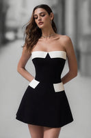 Load image into Gallery viewer, Black and White Satin A Line Strapless Short Cocktail Dress