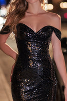 Load image into Gallery viewer, Sparkly Black Sequins Off the Shoulder Tight Short Cocktail Dress
