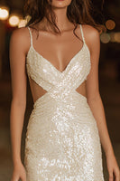 Load image into Gallery viewer, Sparkly Ivory Sequins Cut Out Tight Short Cocktail Dress