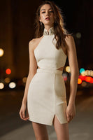Load image into Gallery viewer, Ivory Tight High Neck Cut Out Short Cocktail Dress with Slit